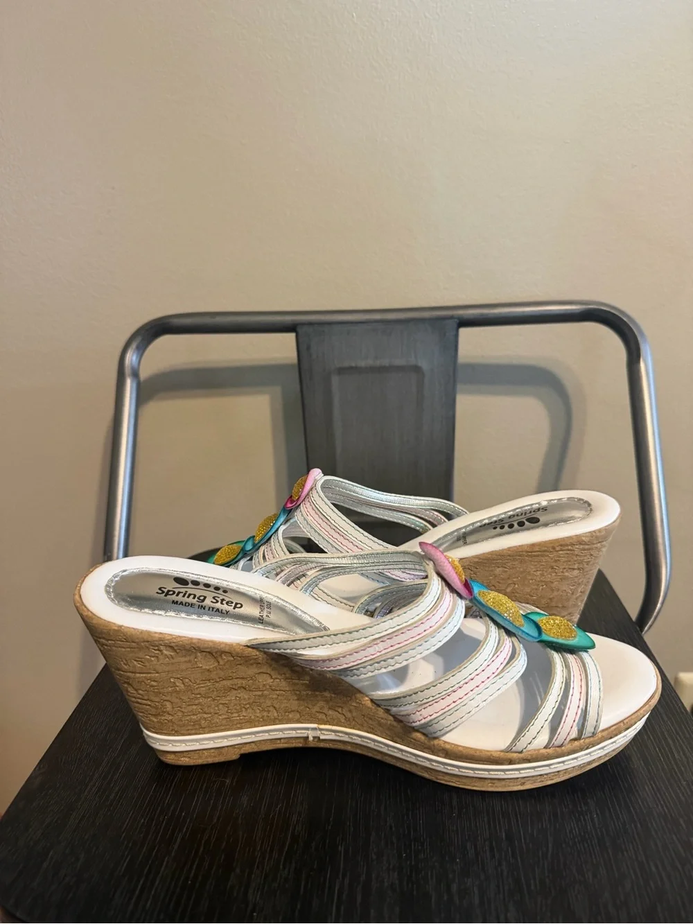 Spring Step Italy Leather Floral Wedge Slide Sandals EU 39. 8.5
